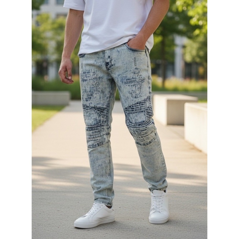 True Rock Jeans Mens 36x31 Blue Distressed Patched Acid Wash Straight Moto